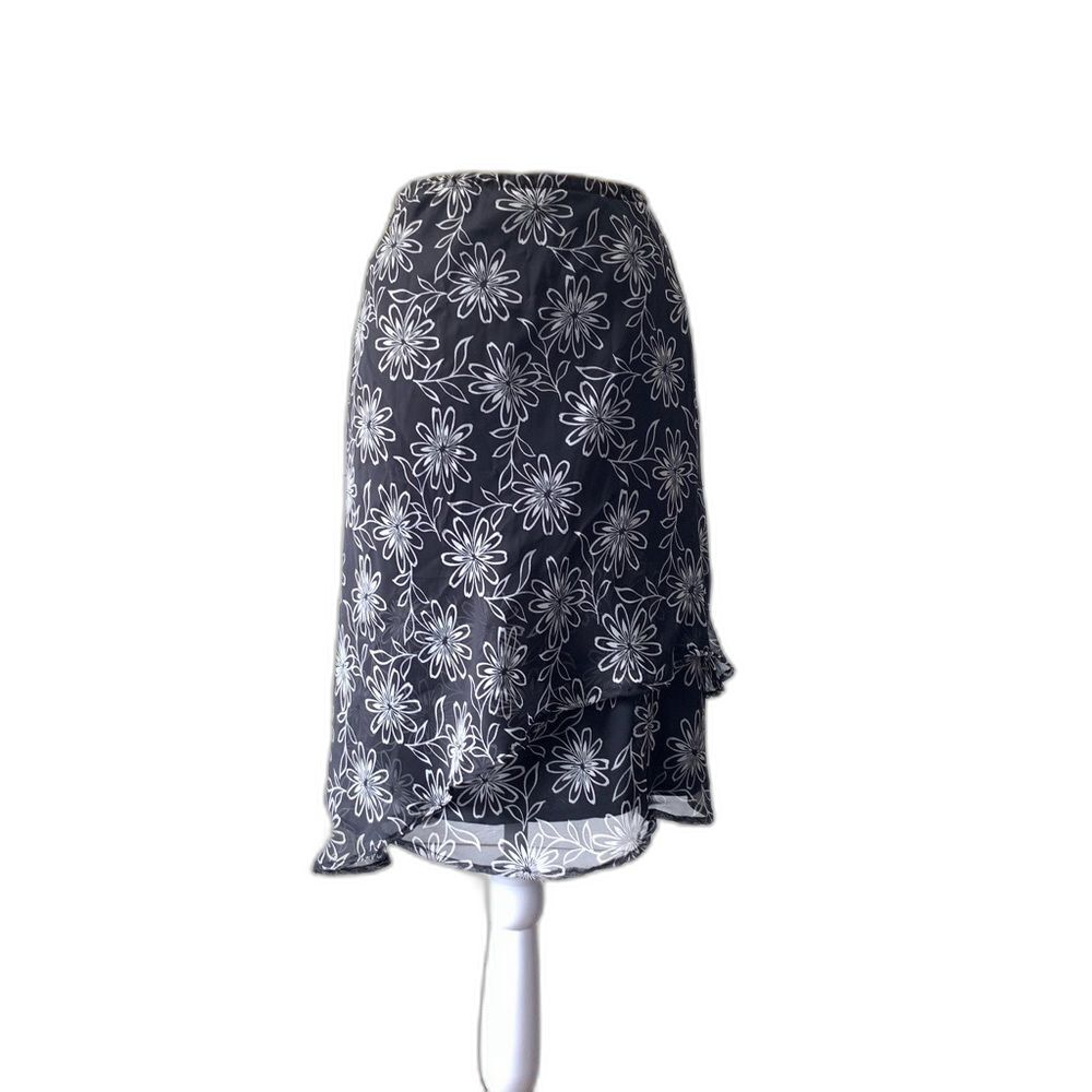 Karin Stevens 2 Piece Black Floral Chiffon Skirt Set Size 8 Sheer Overlay Midi - Picture 7 of 7